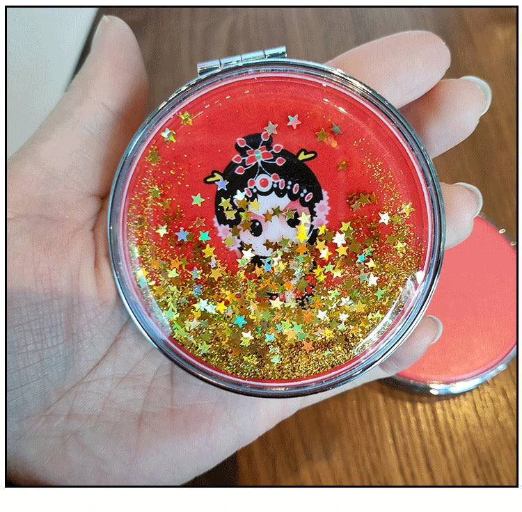 L80 Makeup Mirror Magnifying Quicksand Sequin Chinese Opera Doll Cartoon Pattern Portable Pocket Mirror Travel Creative Gifts