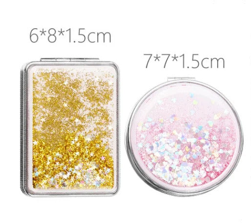 CX276 Shiny Quicksand Makeup Mirror Cute Pocket Mirror Makeup 2-Face Portable Foldable Vanity Mirror Hand Mirror Compact Mirrors