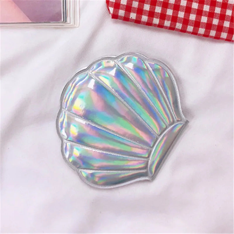 TSHOU569 Shell Shape Makeup Mirror 2X Magnifying Mirror Portable Makeup Vanity Foldable Laser Pocket Mirror