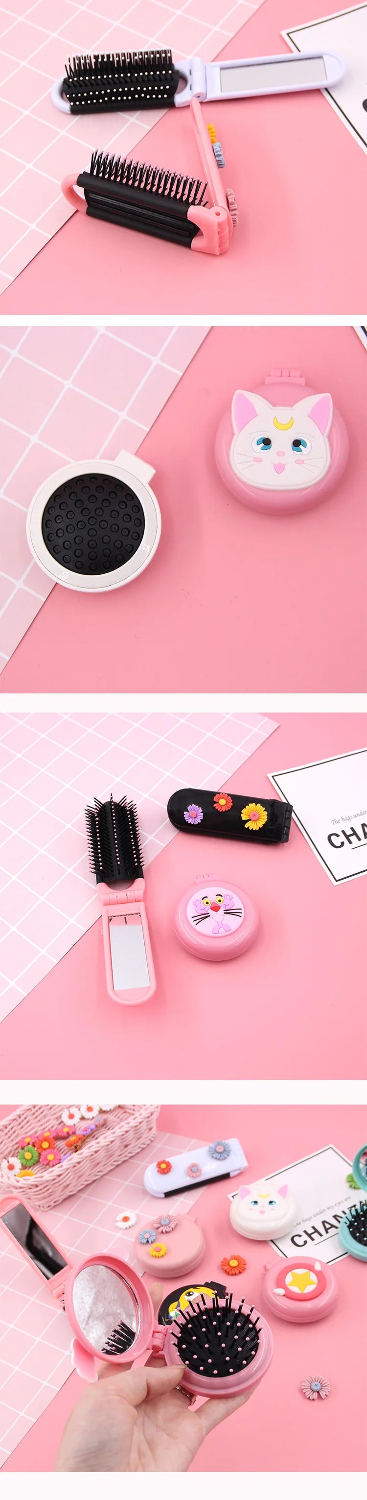 CX216 Mini Pocket Mirror Cute Massage Folding Mirror with Comb Portable Pocket Small Travel Girl Hair Brush with Mirror