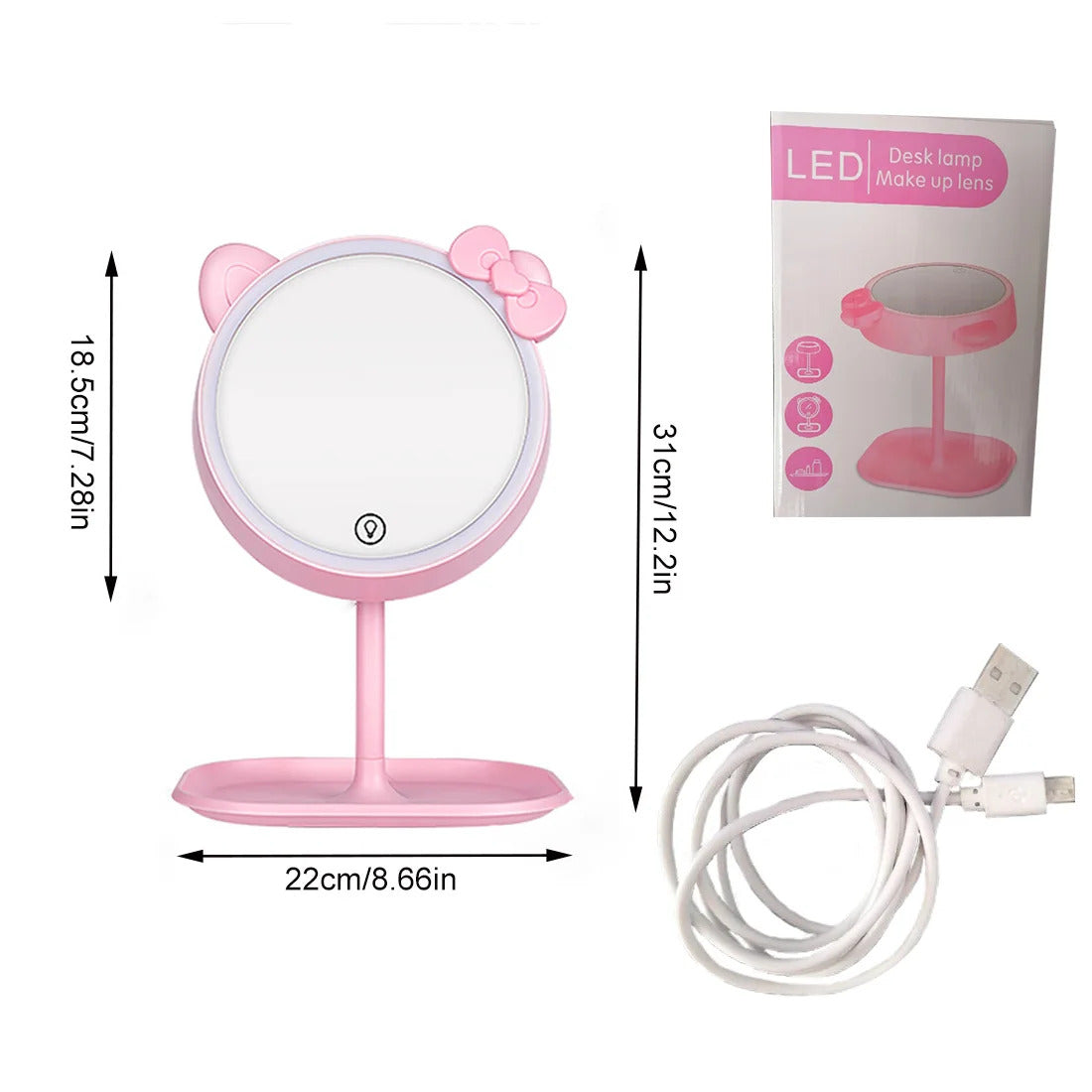 TSHOU511 cat Ear Makeup Mirror With LED Adjustable Light Touch Screen USB LED Make Up Mirror Desk Vanity Cosmetic Storage Mirror