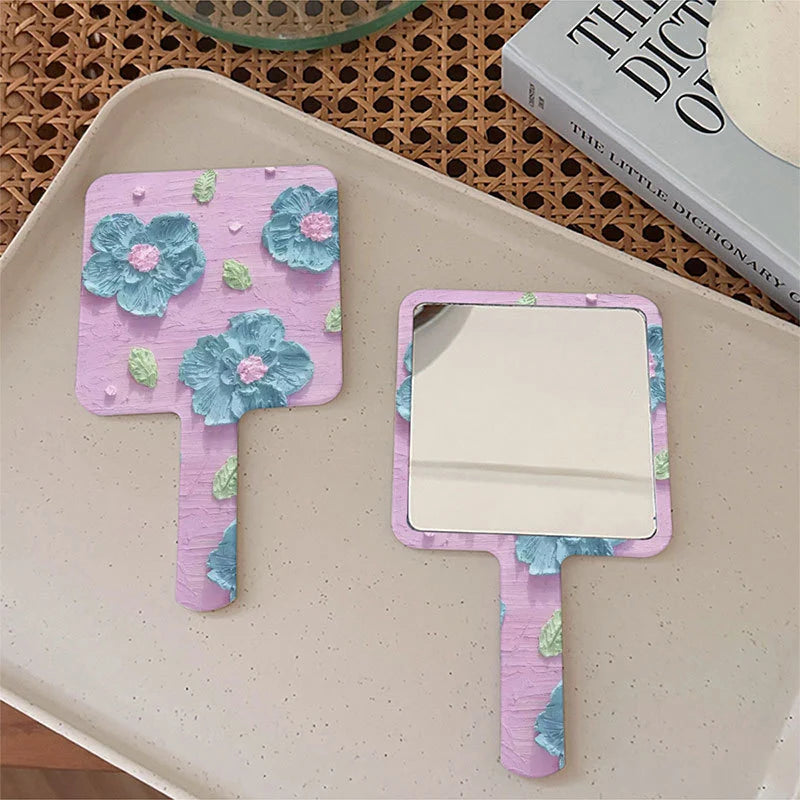 TSHOU1108 Square Handheld Vanity Mirror Makeup Mirror Portable Fashion Ins Flower Pattern Compact Handle Mirror for Girls Travel Tools