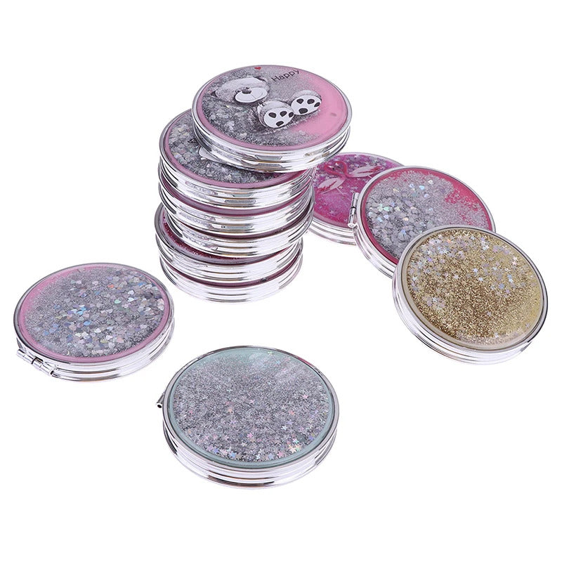 CX415 Compact Pocket Portable Double Sided Folding Cosmetic Mirror Mini Make-Up Mirror With Sparkling Flowing Sand