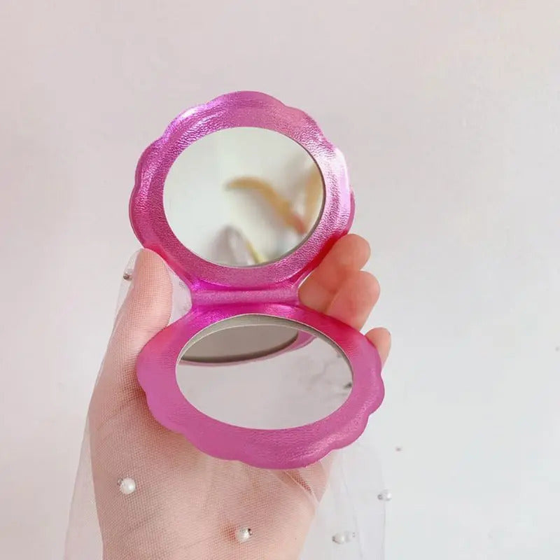 CX218 Creative Sea Shell Shaped Holographic Rainbow Colored Magnifying Compact Cosmetic Double Sided Folding Pocket Mirror