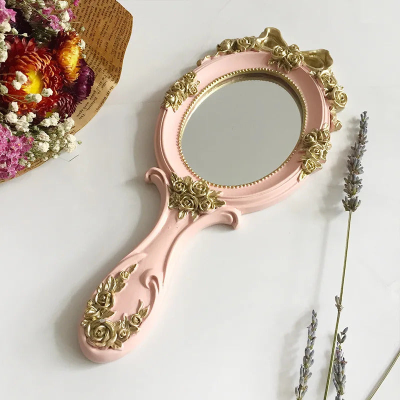 CASHOU241 European Palace Style Vintage Handheld Roses Mirror Princess Women Girls Oval Vanity Makeup Cosmetic Tool