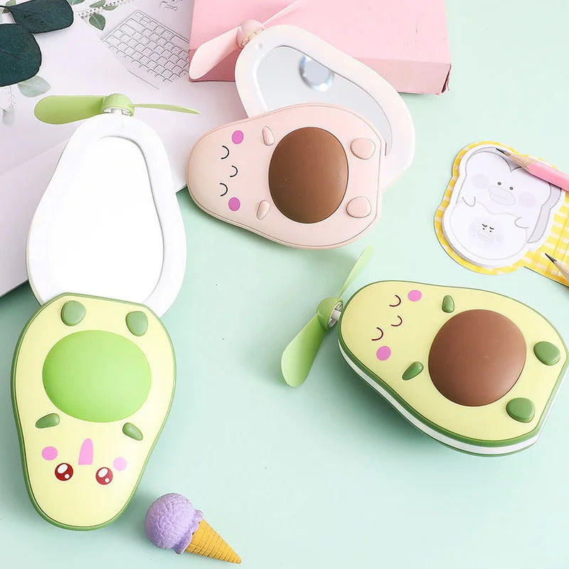 CASHOU62 Avocado Shape Makeup Mirror Portable Three Way Fill Light Make-up Mirror Handheld Mini Air Cooler Fan
