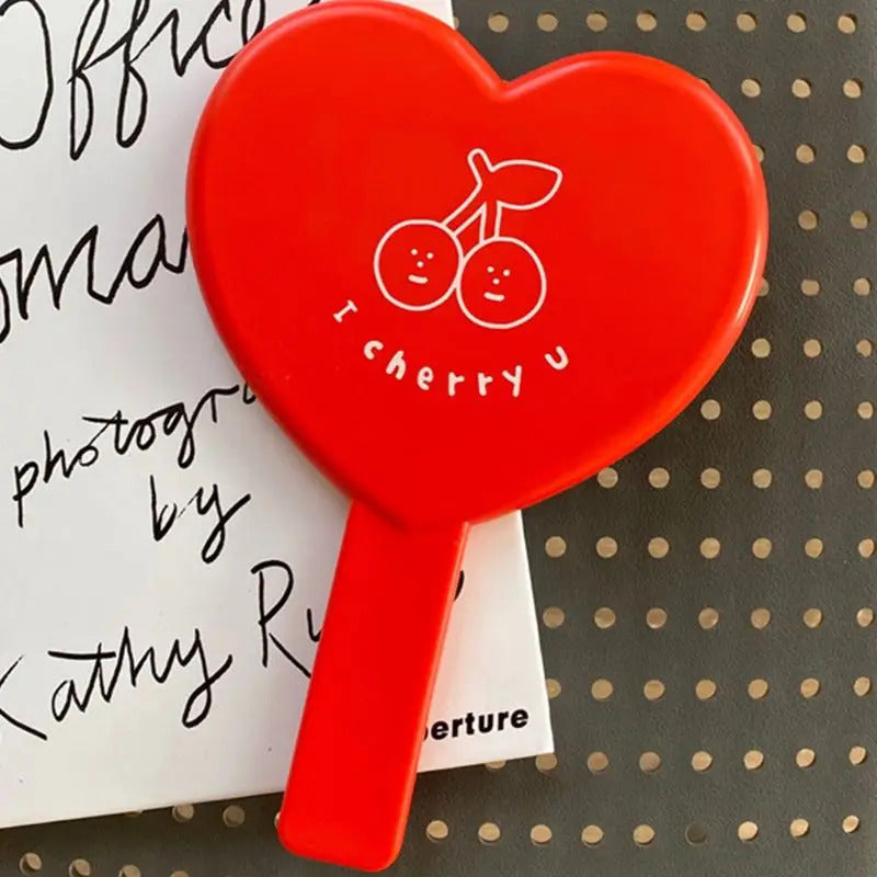 TSHOU536 Heart-Shaped Red Handheld Mirror Cartoon Cherry Vintage Cosmetic Makeup Tool