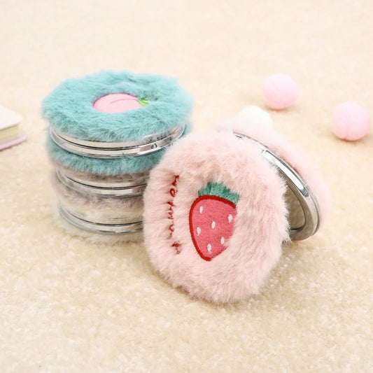 L251 Women Girls Plush Mini Round Folding Pocket Mirror Cartoon Fruit Animal Embroidery Portable Double Sided Magnifying