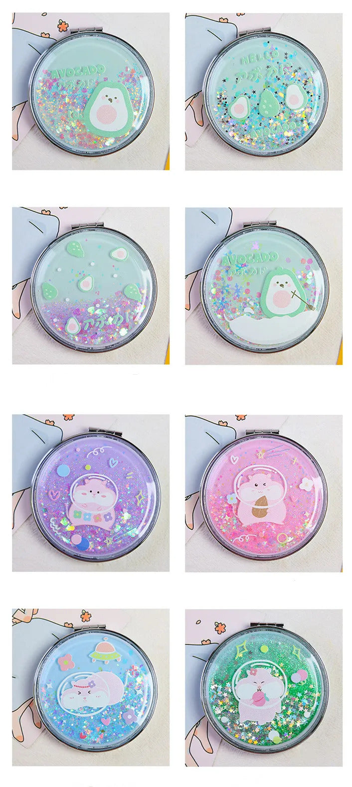 TSHOU971 Portable Double-Sided Folding Cosmetic Mirror Girl Gift Flowing Sparkling Sand Mini Avocado Makeup Mirror Compact