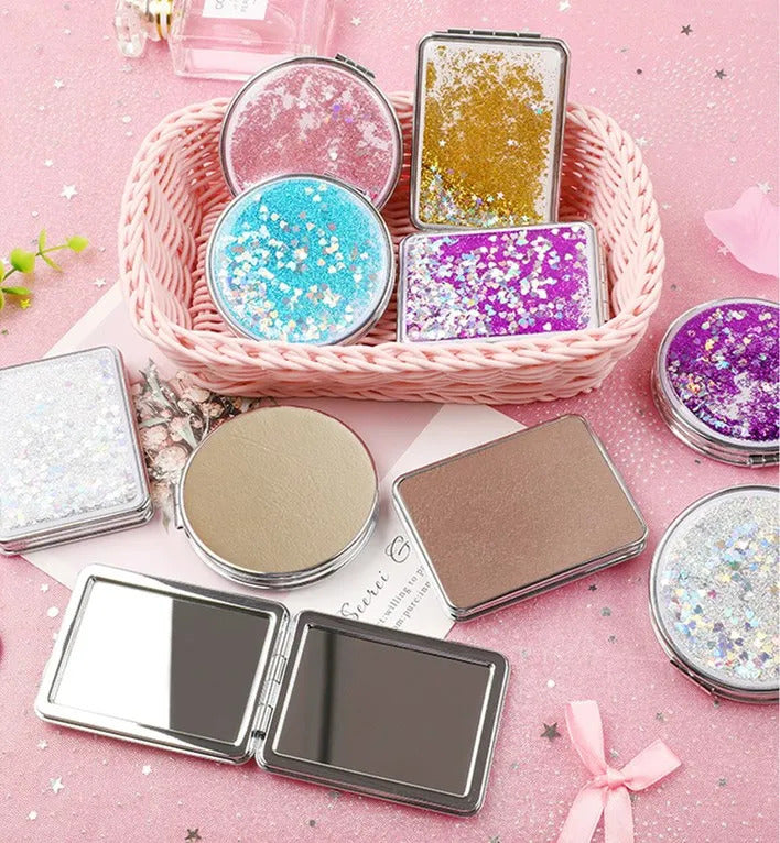 CX276 Shiny Quicksand Makeup Mirror Cute Pocket Mirror Makeup 2-Face Portable Foldable Vanity Mirror Hand Mirror Compact Mirrors