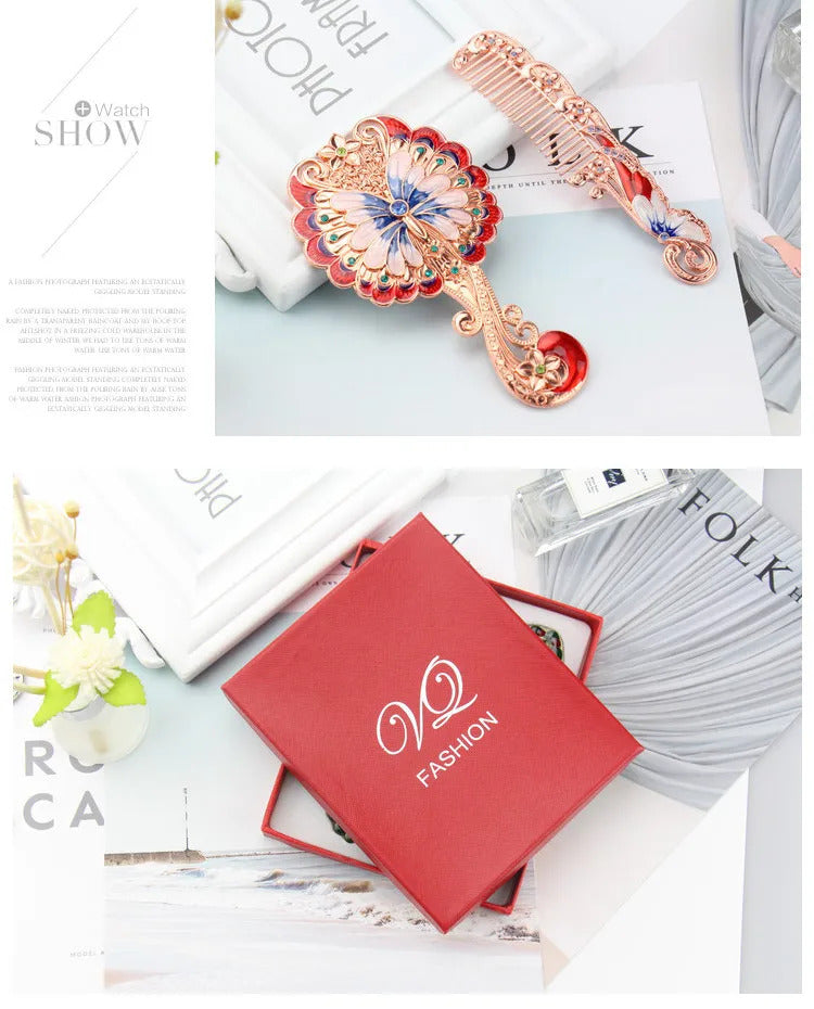 CSHOU380  Handle Mirror Comb Retro Euporen 3D Butterfly Pattern Portable Makeup Mirror Comb Set Princess Mirror