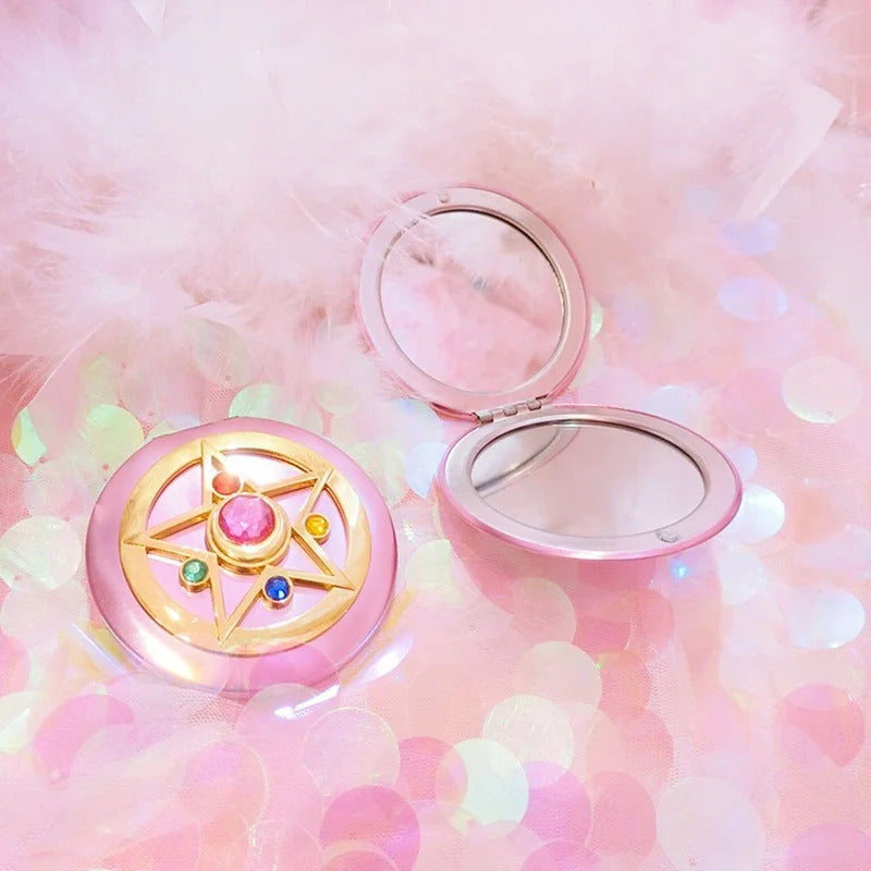 TSHOU573 Foldable Double Mirror Portable Crystal Star Makeup Mirror Pink Cute Anime Mirror Espejo Mirror Led Mirror