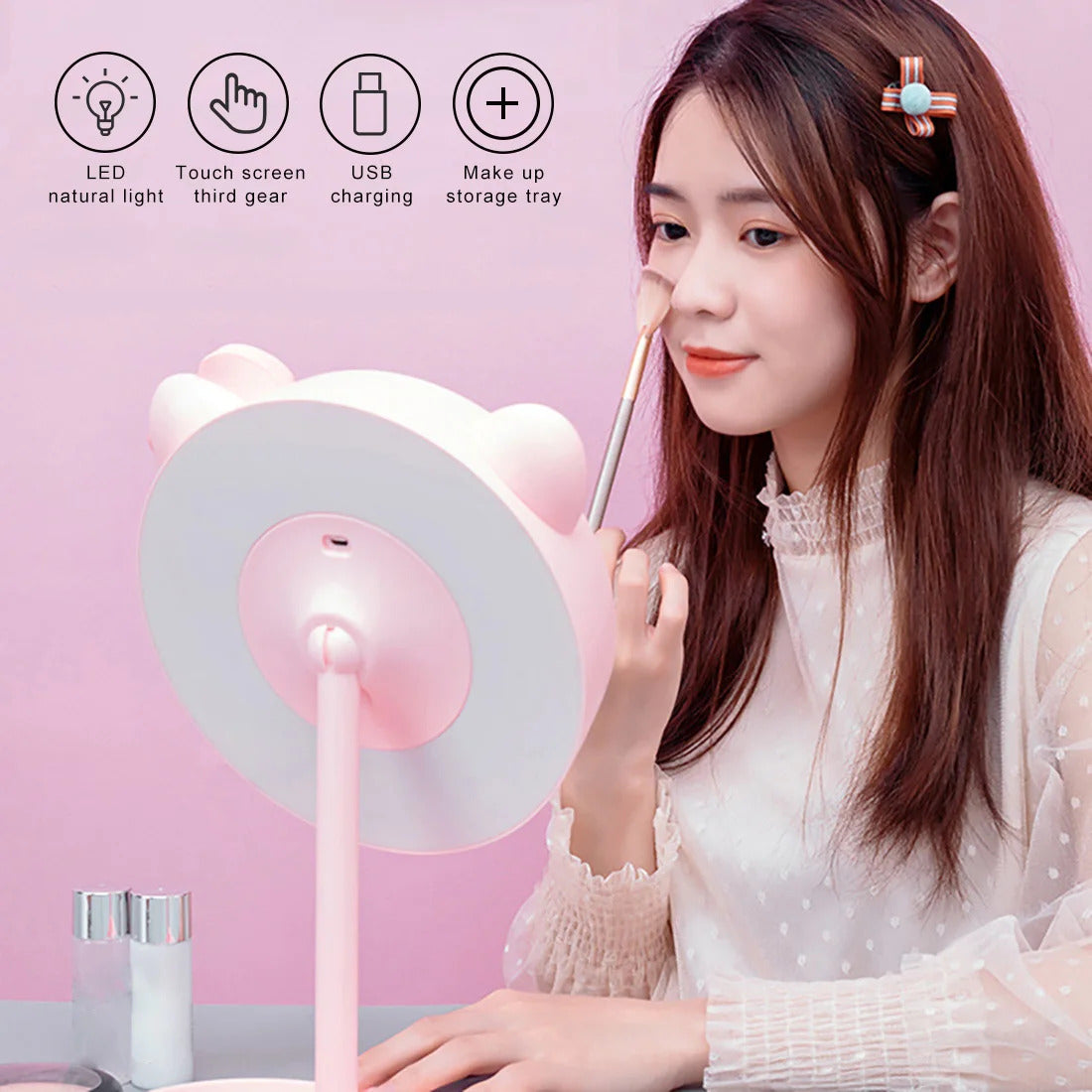 TSHOU511 cat Ear Makeup Mirror With LED Adjustable Light Touch Screen USB LED Make Up Mirror Desk Vanity Cosmetic Storage Mirror