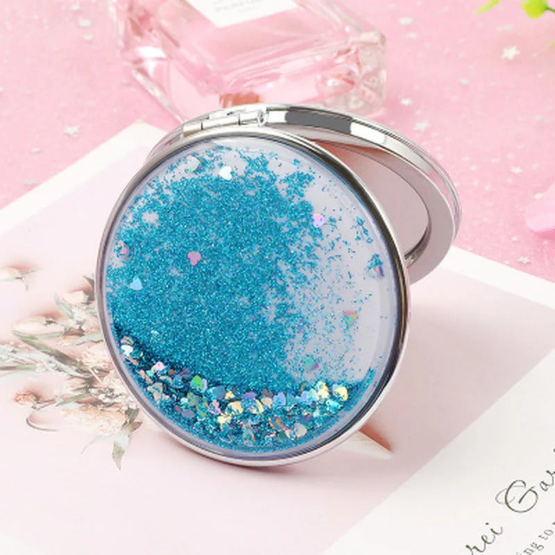 CX375 Fashion Mini Pocket Makeup Mirror Creative Cosmetic Compact Mirrors with Flowing Sparkling Sand Can Wholesale Lettering
