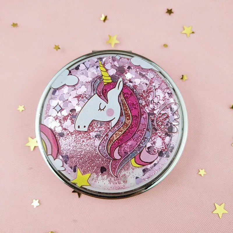 TSHOU504 Cartoon Double-Sided Unicorn Makeup Mirror Compact Pocket Mirror Mini Folding Cosmetic Mirror Gifts with Flowing Sparkl