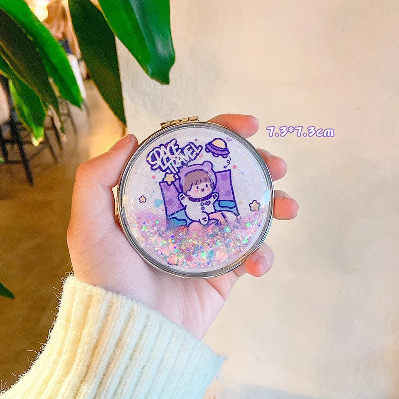 CX72  Women Cosmetic Mirrors for Gift Cute Mirror Cartoon Mirror Portable Two-side Folding Make Up Mirror Mini Makeup Compact