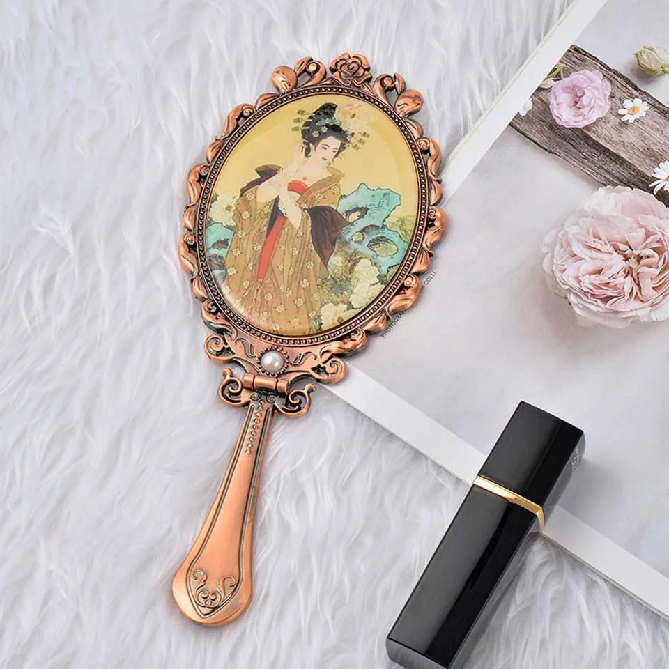 CX176 Foldable Desktop Princess Mirror Chinese Tang Dynasty Character Comb Suit Retro Portable Makeup Mirror Handle Mirror