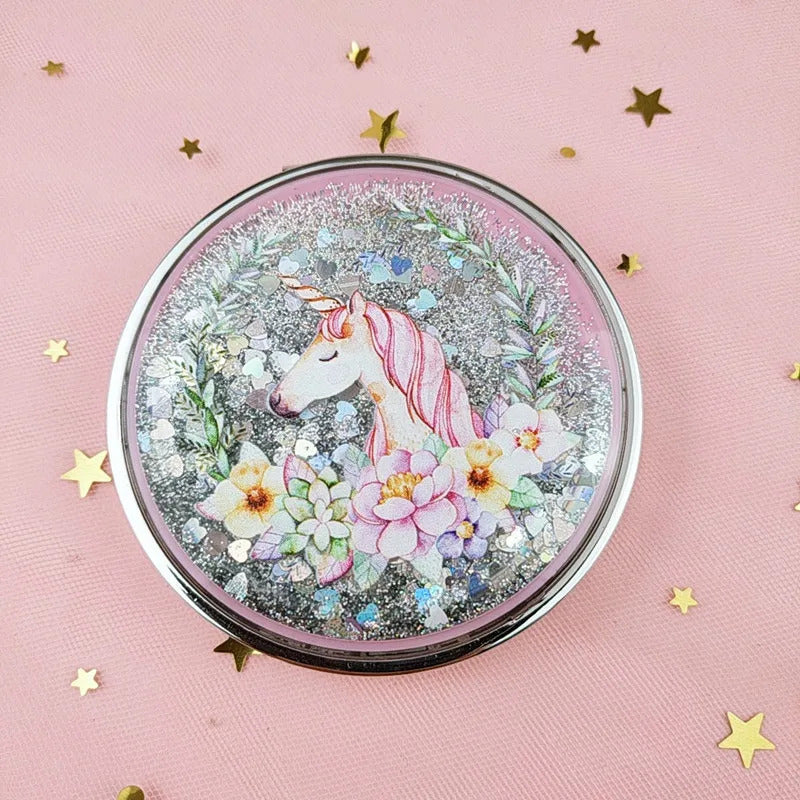 L380 Mini Unicorn Makeup Mirror Compact Pocket Mirror Portable Double-Sided Folding Cosmetic Mirror Gifts With flowing sparkl