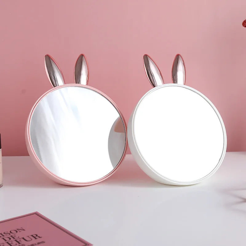 DSHOU103 Round Makeup Mirror with Cosmetic Storage Box Creativity Cute Rabbit Ear Design Make Up Standing Mirror with Brush