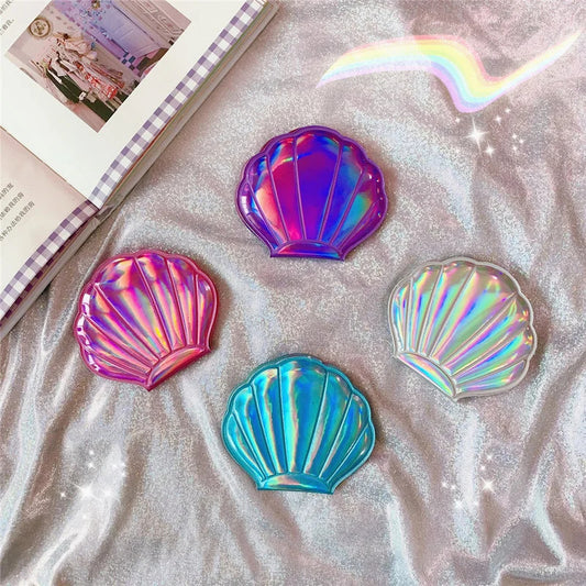 L323 Shell Shape Makeup Mirror 2X Magnifying Mirror Portable Vanity Foldable Laser Travel Pocket Mirror Cosmetic Hand Compac