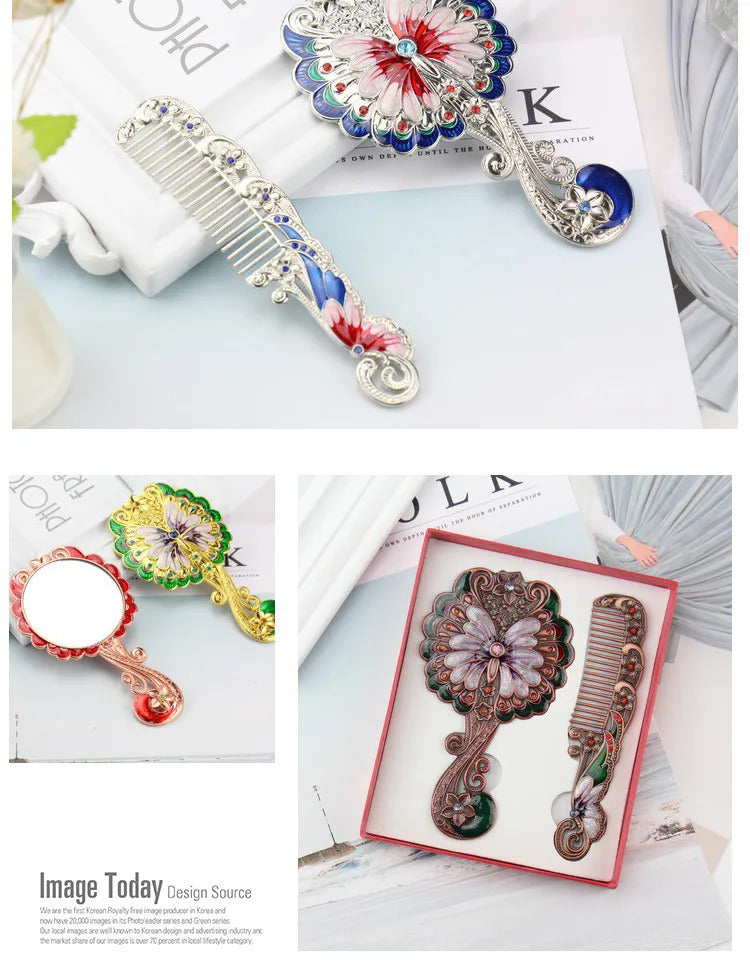 CX427 Portable Makeup Mirror Comb Set Handle Mirror Comb Retro Euporen 3D Butterfly Pattern Princess Mirror with Storage