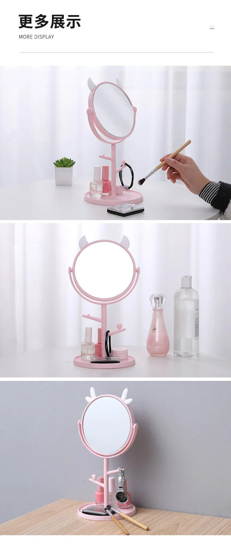 CX226  Makeup Mirror Table Desktop Countertop Base Use for Bathroom Travel Ordinary Pink Cat Ear Mirror