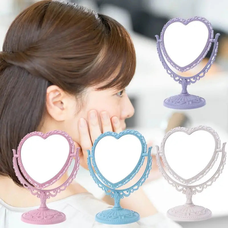 GU446  2Sides Heart-shaped Makeup Mirror Rotatable Stand Table Compact Mirror Dresser U2JD