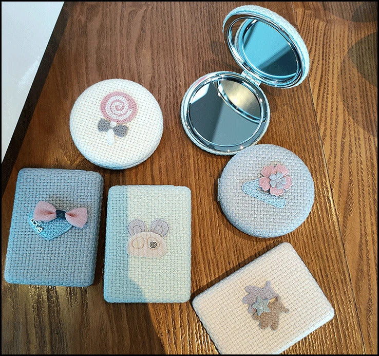 TSHOU1012  Double-sided Mirror Makeup Magnifying Handmade Fabric Art DIY Hairy Random Pattern Creative Gifts Portable Travel