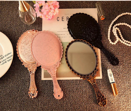 GU467 Mini Portable Vintage Mirror Handhold Makeup Mirror Pink Floral Oval Round Cosmetic Hand Held Mirror With Handle For