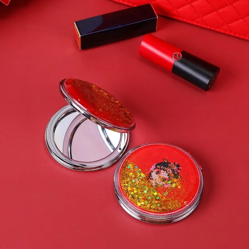 DA15  Makeup Mirror Magnifying Quicksand Sequin Chinese Opera Doll Cartoon Pattern Portable Pocket Mirror Travel Creative Gifts