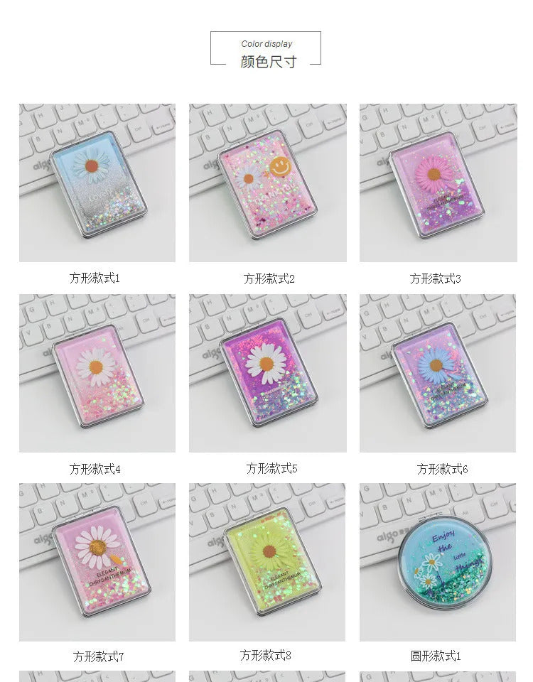 CASHOU137 Double-sided Makeup Mirror Portable Quicksand Sequins Daisy Pattern Cute Girl's Gift Hand Mirror Pocket 2-face Makeup