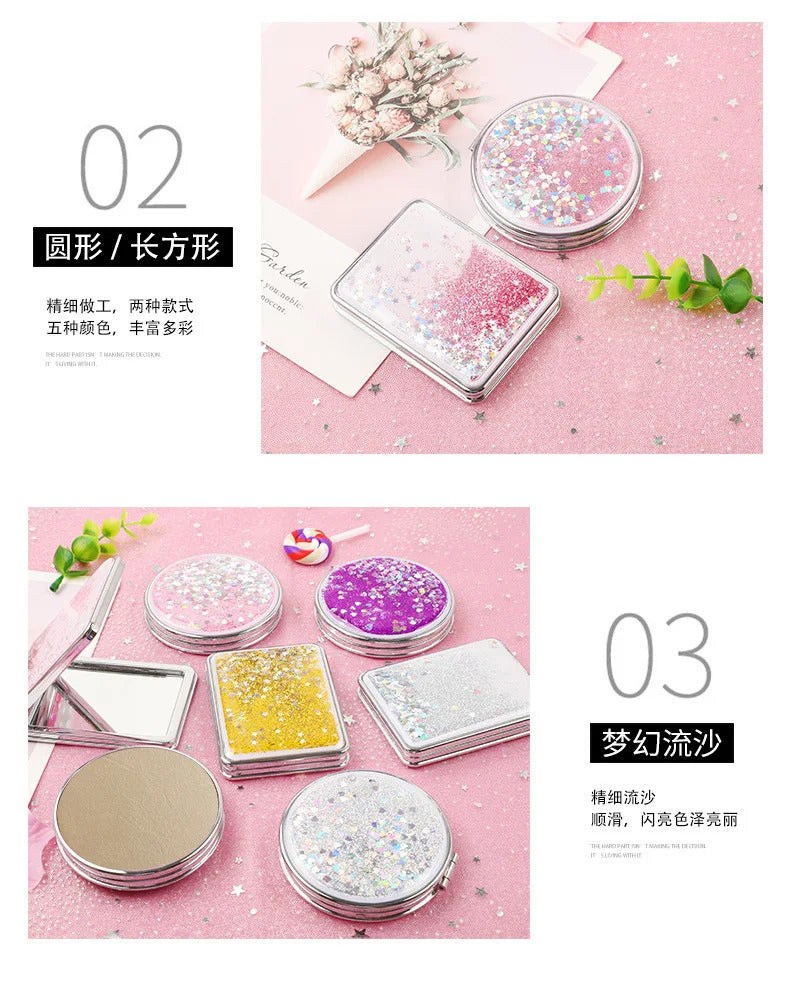 CX722 Hand Mirror Double-sided Mirror Quicksand Sequins Portable Makeup Mirror Travel Size Creative Design Cute Gift for
