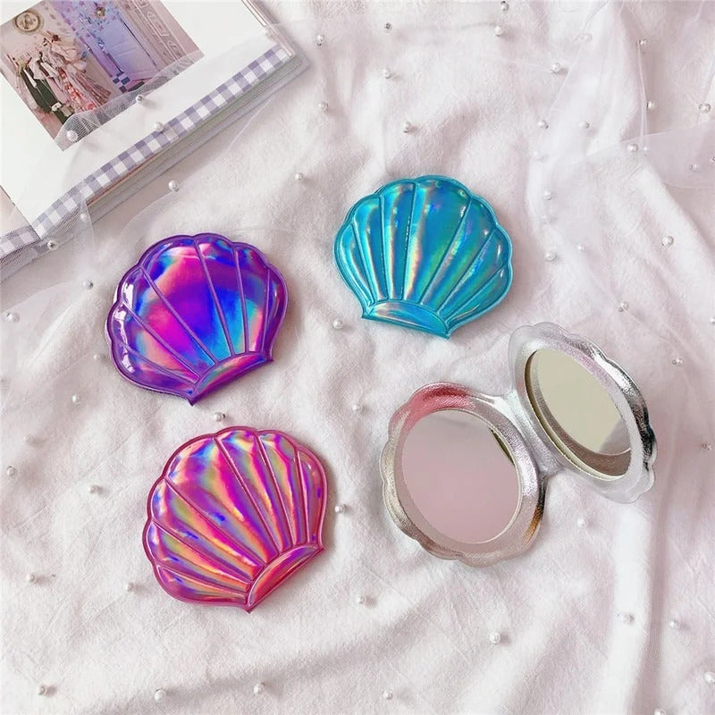 L323 Shell Shape Makeup Mirror 2X Magnifying Mirror Portable Vanity Foldable Laser Travel Pocket Mirror Cosmetic Hand Compac