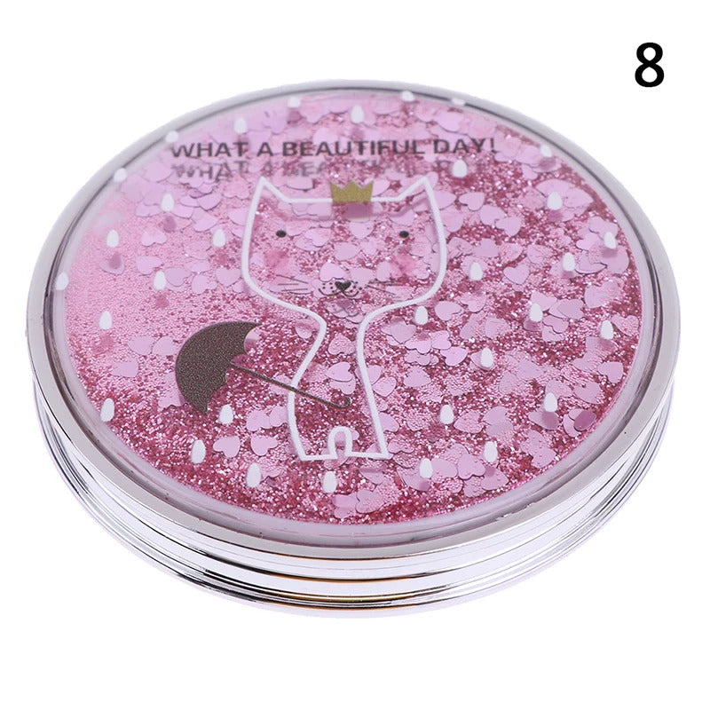 CX415 Compact Pocket Portable Double Sided Folding Cosmetic Mirror Mini Make-Up Mirror With Sparkling Flowing Sand