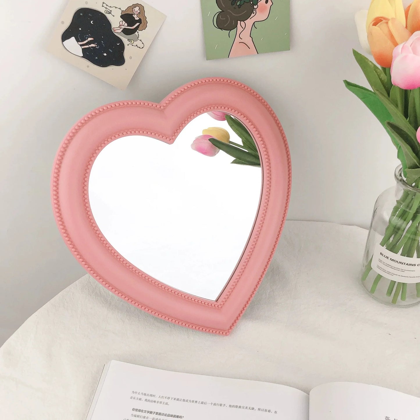 CASHOU42 Mirror Desktop Pink Love Makeup Mirror Wall Mounted Dual-Use Heart-Shaped Hanging Mirror Vanity Mirror Girl Room Wall