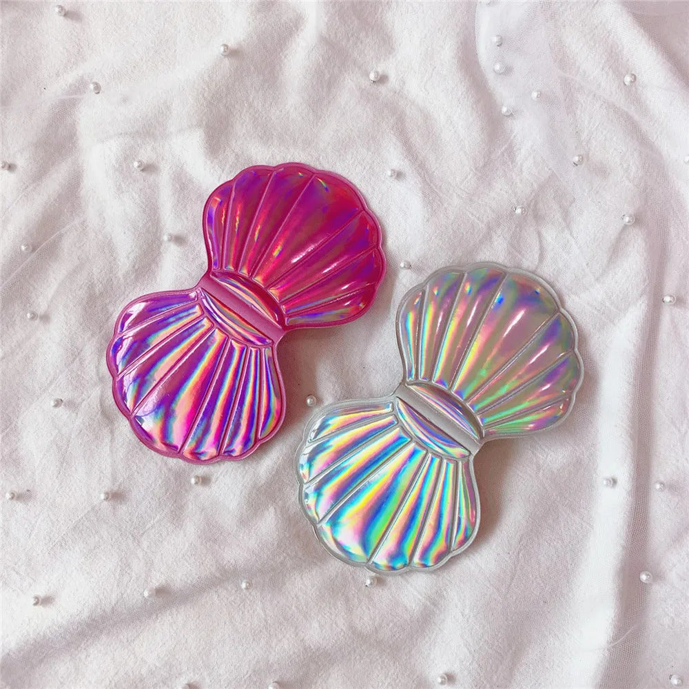 L323 Shell Shape Makeup Mirror 2X Magnifying Mirror Portable Vanity Foldable Laser Travel Pocket Mirror Cosmetic Hand Compac