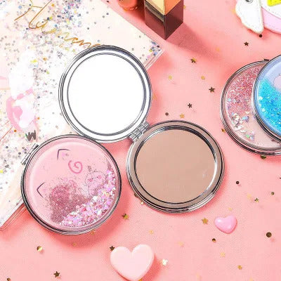 TSHOU681 Cute Pig Shiny Quicksand Makeup Mirror Double Sided Pocket Mirror Girls Outdoor Portable Foldable Mirror Compact Mirror