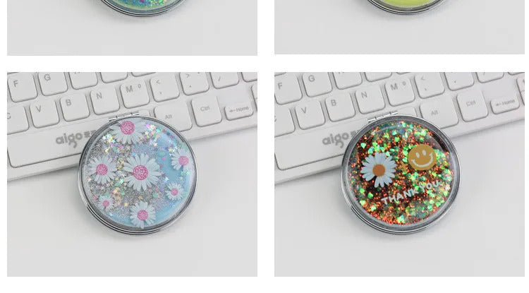 CX682  Double-sided Makeup Mirror Portable Quicksand Sequins Daisy Pattern Cute Girl's Gift Hand Mirror Pocket 2-face Makeup Mirro