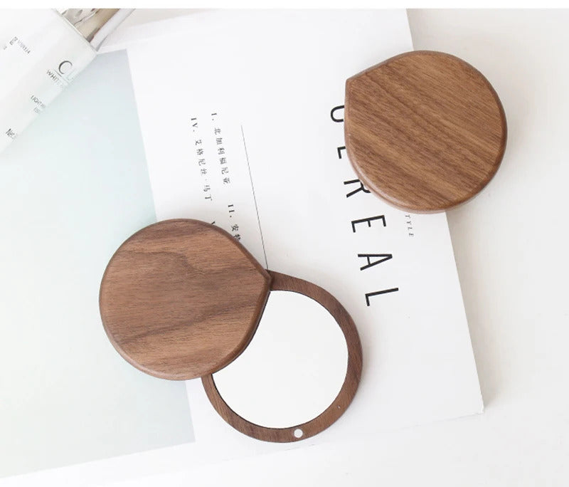 CX185 Wooden Mirror Round Foldable Mirrors Japanese Style Portable Walnut Small Mirror Make Up