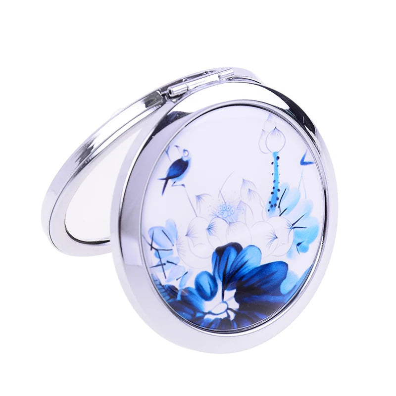CASHOU151  Chinese Round Mini Folding Mirror Girls Mini Cute Mirror Double Side Folded Black Mirror Portable Pocker Mirror