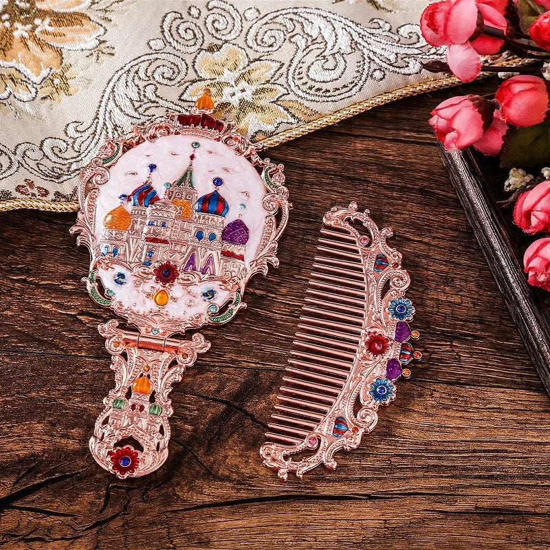 L327 Handle Mirror Comb Retro Euporen 3D Foldable Desktop Princess Mirro with Storage Gift Box Portable Standing Makeup Mirr