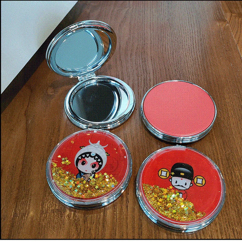 DSHOU185 Makeup Mirror Magnifying Quicksand Sequin Chinese Opera Doll Cartoon Pattern Portable Pocket