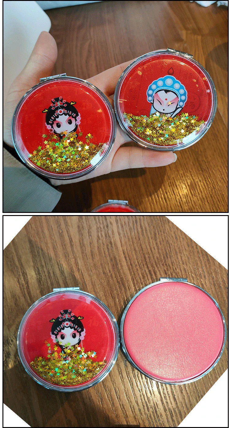 L80 Makeup Mirror Magnifying Quicksand Sequin Chinese Opera Doll Cartoon Pattern Portable Pocket Mirror Travel Creative Gifts