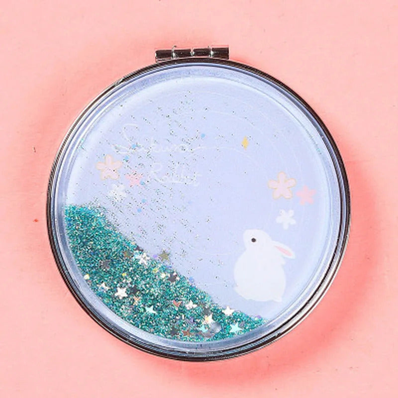 CX348 Cute Pig Shiny Quicksand Makeup Mirror Double Sided Pocket Mirror Girls Outdoor Portable Foldable Mirror Compact Mirror