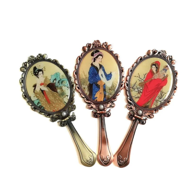 CX176 Foldable Desktop Princess Mirror Chinese Tang Dynasty Character Comb Suit Retro Portable Makeup Mirror Handle Mirror