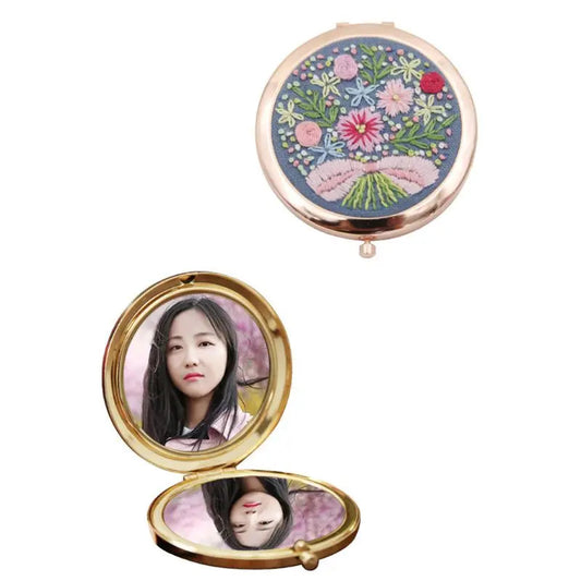 CX614  Embroidery Kit Compact Pocket Floral Makeup Mirror Double-side Folding Women Vintage Cosmetic Mirrors Handmade  U2JD