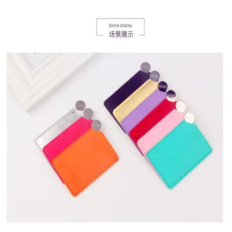 DA25 Portable Mini Shatter Proof Card Style Pocket Cosmetic Mirror PU Leather Cover Stainless Steel Unbreakable Makeup