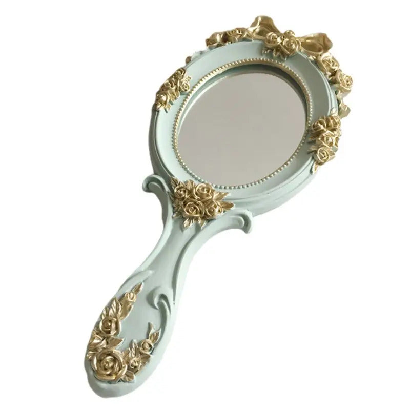 L326 European Style Vintage Handheld Roses Mirror Princess Women Girls Oval Vanity Makeup Cosmetic Tool with Anti-Slip Handle