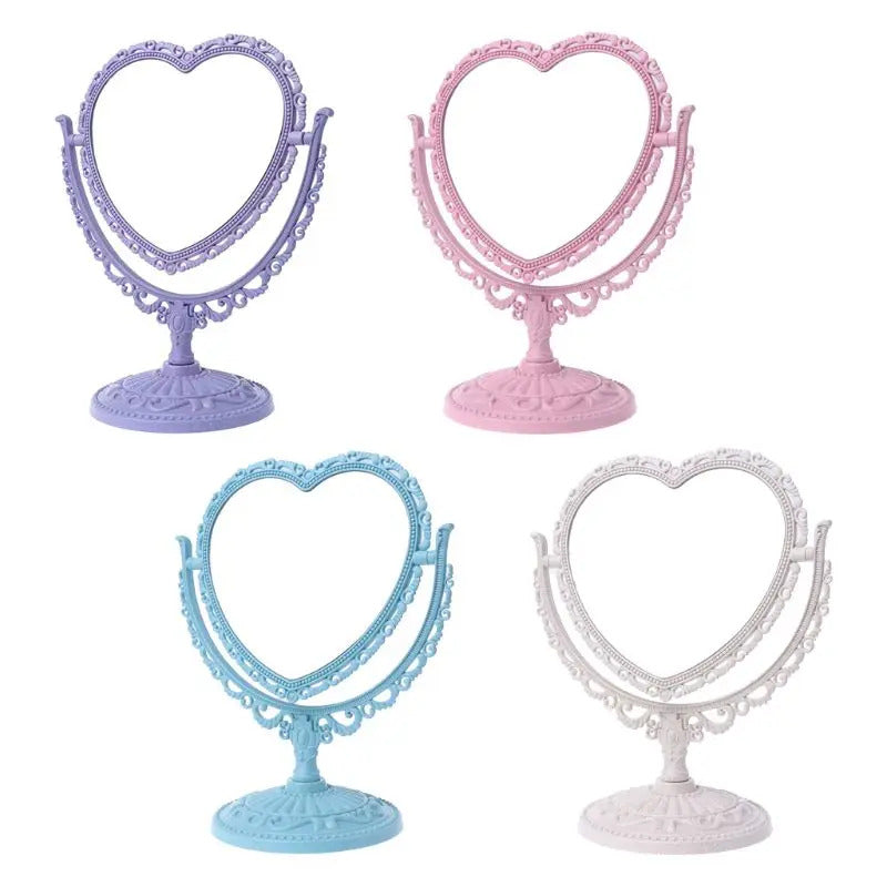 GU446  2Sides Heart-shaped Makeup Mirror Rotatable Stand Table Compact Mirror Dresser U2JD