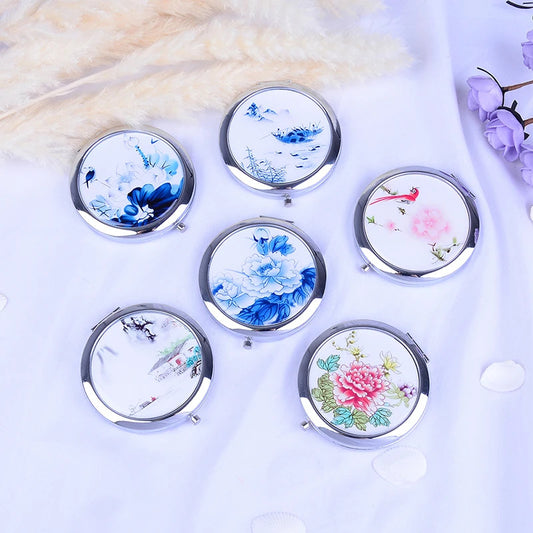 DSHOU197 Double Sided Magnifying Folding Makeup Mirror White and Blue Porcelain Mirrors Mini Makeup Compact Pocket Mirror